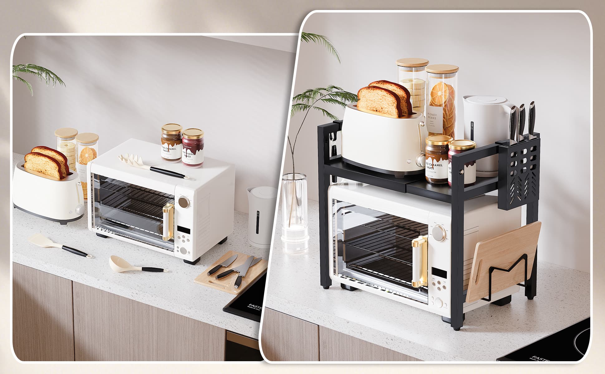 Comparativa antes y después: encimera desordenada vs encimera organizada con UTINEX® soporte de microondas