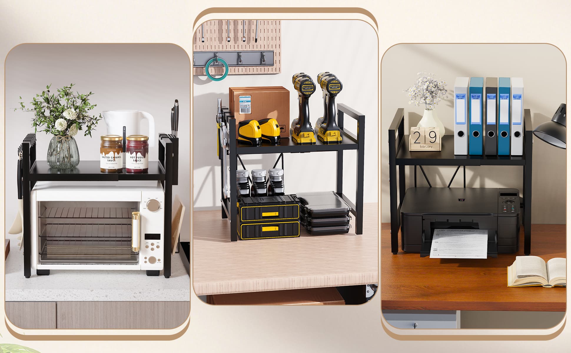 UTINEX® soporte en distintos entornos — cocina, taller y oficina