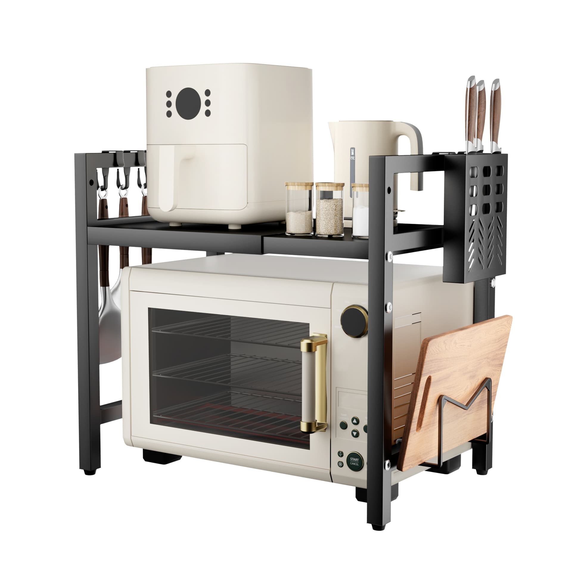 UTINEX® Soporte para Microondas Ajustable — acero al carbono, extensible de 37 a 64 cm, con airfryer encima y microondas debajo